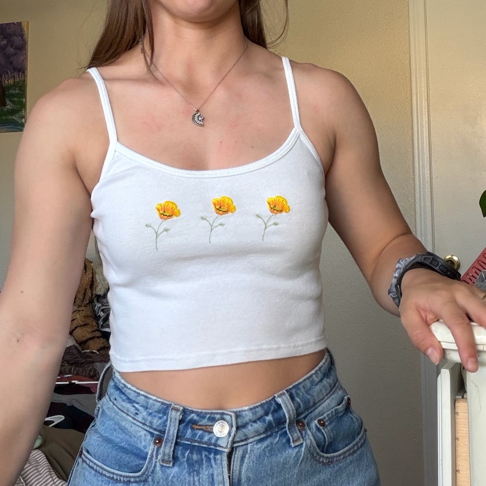 Brandy Melville White Tank Top with Yellow Floral Design